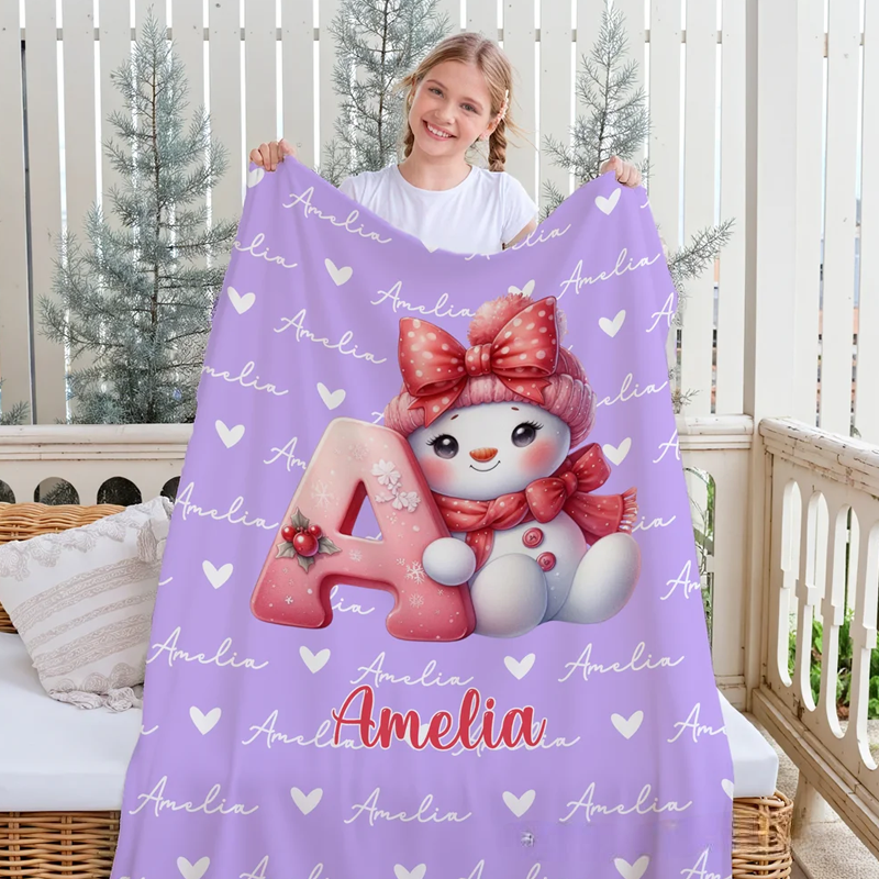 Personalized Santa Hat Snowman Initial Word Cloud Soft Throw Blanket with Name Home Decor Christmas Gift