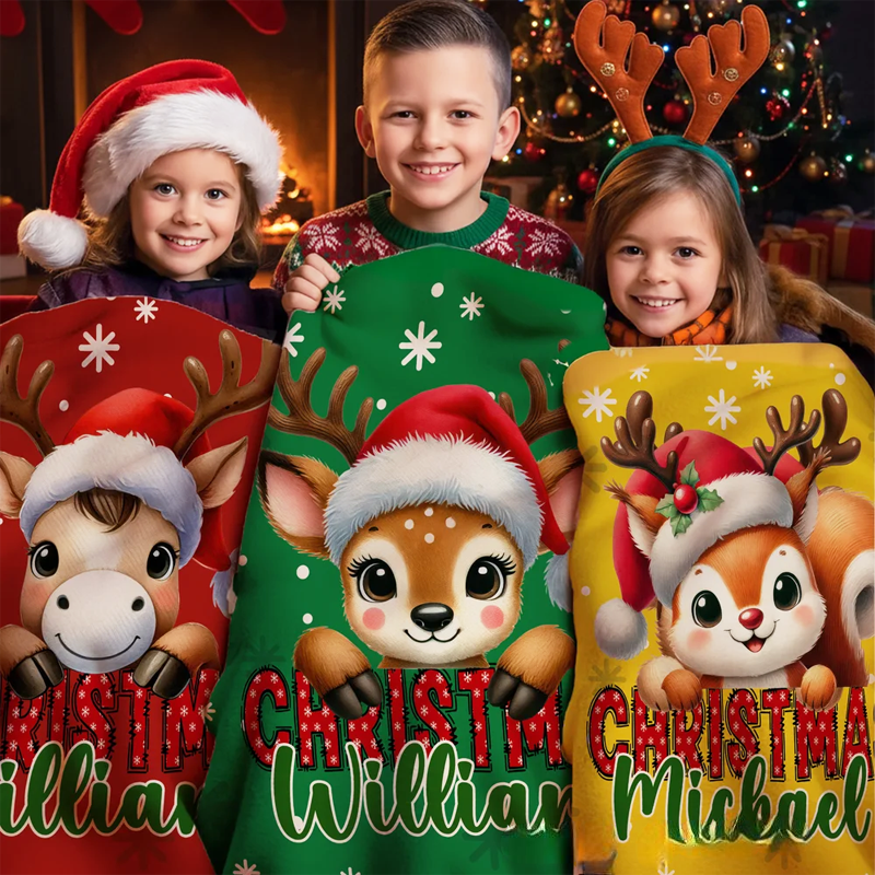 Personalized Santa Hat Deer Dream Horse Cute Animal Soft Throw Blanket with Name Christmas Gift
