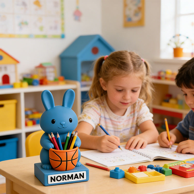 Personalized Basketball Bunny 3D Printed Pen Holder with Custom Name for Kids and Students