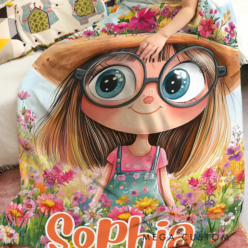 Personalized Cartoon Quirky Flower Girl Soft Throw Blanket with Name Home Decor Daily Use Christmas Gift