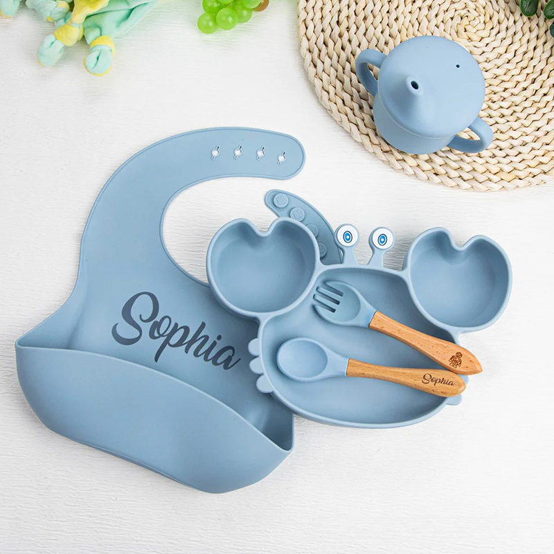 Personalized Silicone Baby Feeding Set Crab Shape Divided Plate Suction Cup Supplies for Toddler Weaning