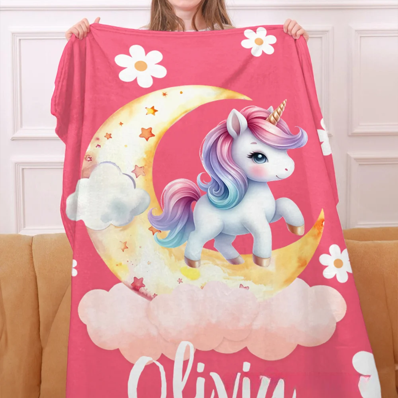 Personalized Dream Horse Dreamy Moon Soft Throw Blanket with Name Home Decor Birthday Baby Shower Gift for Girls