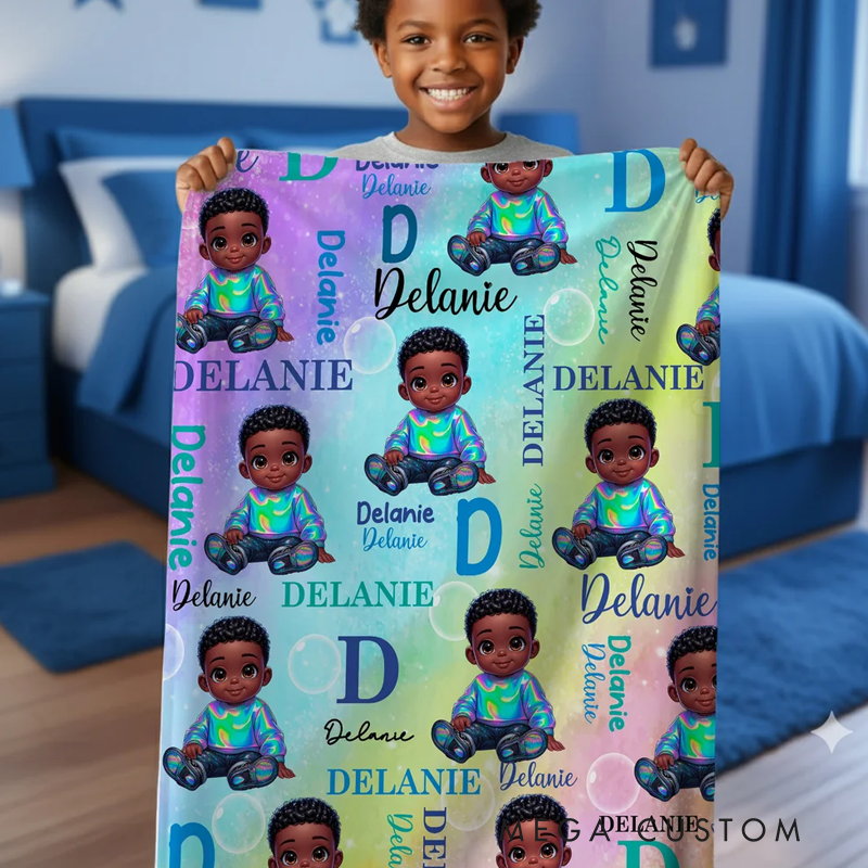 Personalized Cartoon Black Character Fantasy Unicorn Rainbow Soft Throw Blanket with Name Home Decor Birthday Christmas Gift for Boys Girls