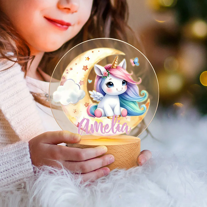 Personalized LED Night Light with Name Dream Horse Baby Pattern Room Decoration with Wooden Base Christmas Birthday Baby Shower Gift for Girl