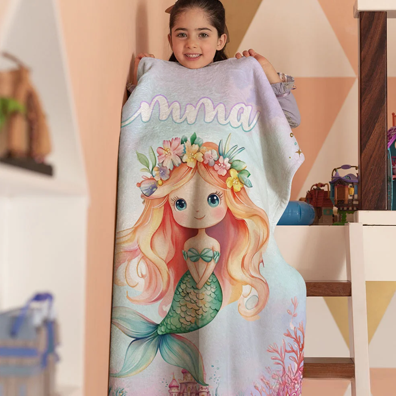 Personalized Fantasy Mermaid Princess Underwater World Soft Throw Blanket with Name Home Decor Birthday Gift for Girls