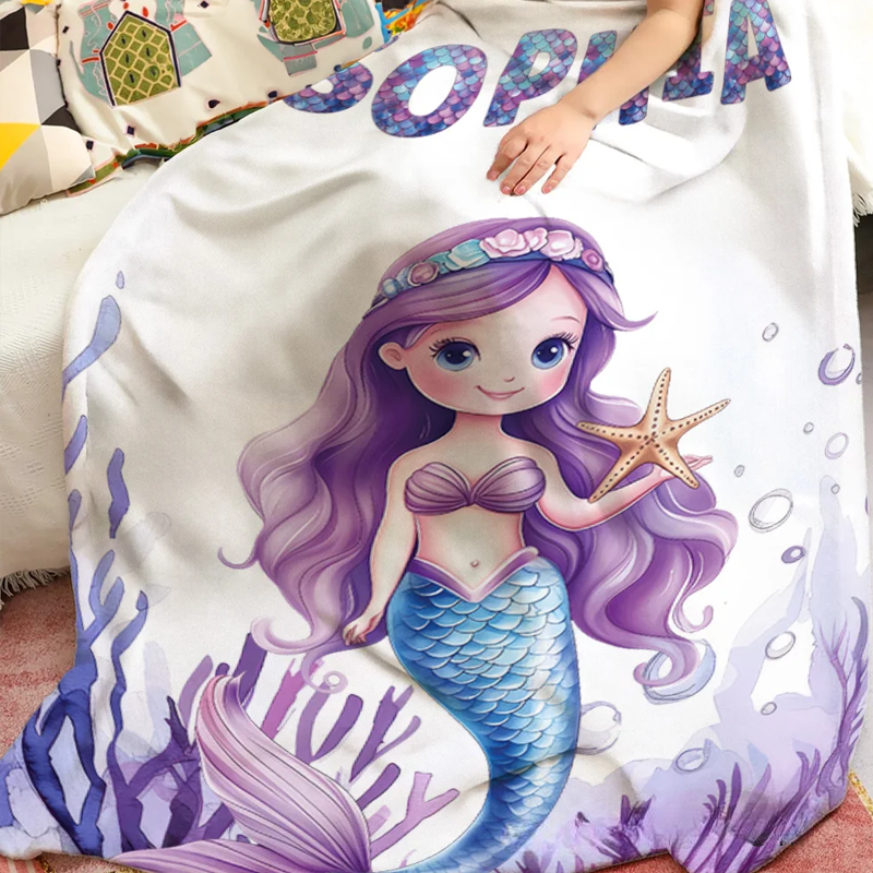 Personalized Fantasy Mermaid Underwater World Soft Throw Blanket with Name Home Decor Birthday Gift for Girls