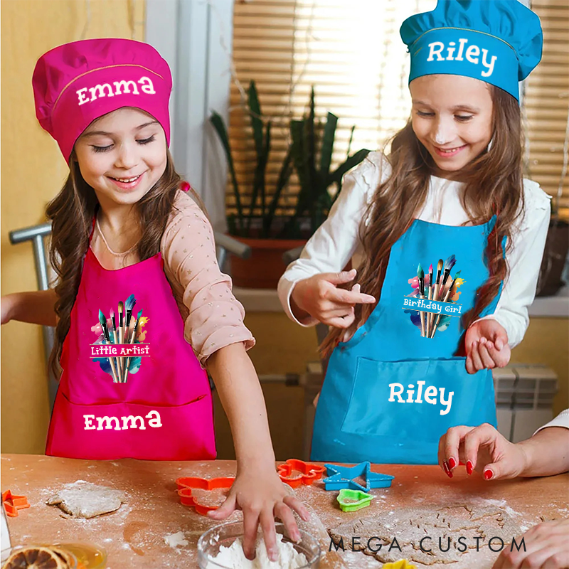 Personalized Paintbrush Design Kids Art Apron Art Party Apron Chef Hat Set with Name Cooking Handcraft Activities Birthday Holiday Gift for Kids