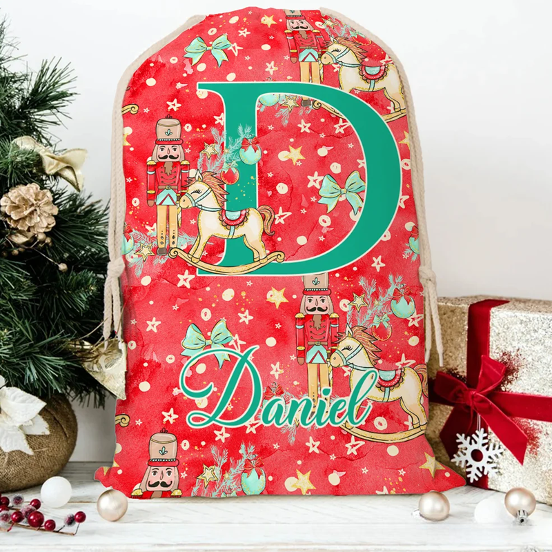 Personalized Christmas Tree Cartoon Nutcracker Canvas Drawstring Gift Bag with Name and Initial Christmas Gift 