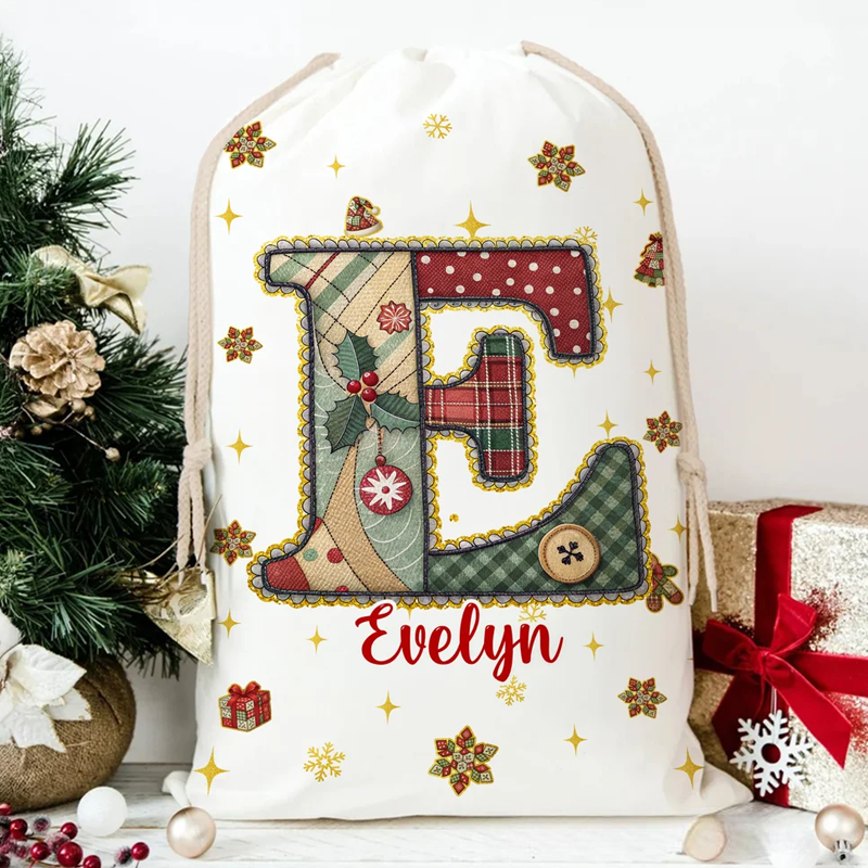 Personalized Christmas Tree Snowflake Initial Drawstring Canvas Gift Bag with Name Christmas Eve Party Favors for Kids