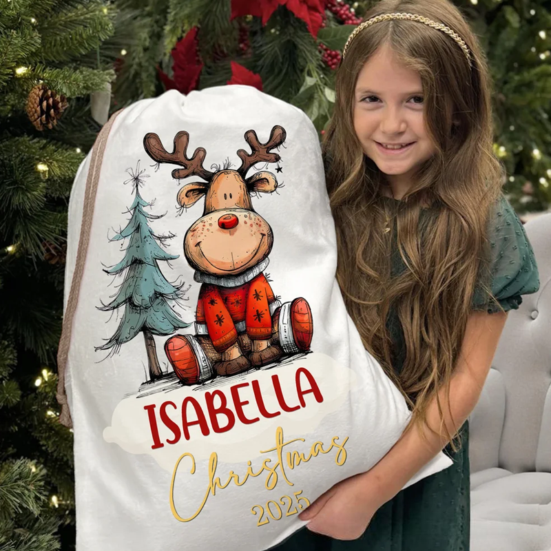 Personalized Cute Cartoon Elk Design Christmas Drawstring Gift Bag with Name Christmas Gift for Kids Family