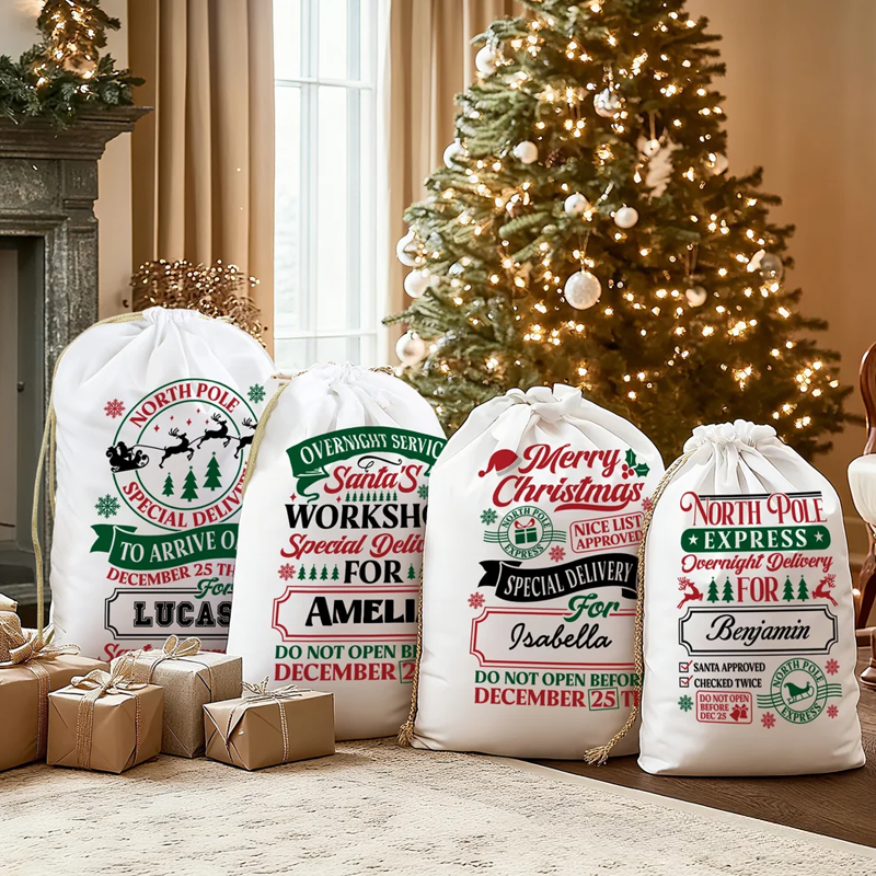Personalized Christmas Word Cloud Canvas Drawstring Gift Bag with Name Christmas Gift for Friends Family