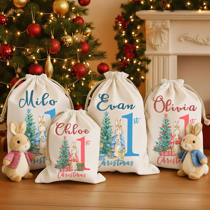 Personalized First Christmas Santa Claus Peter Rabbit Drawstring Canvas Gift Bag with Name Christmas Gift for Baby Family