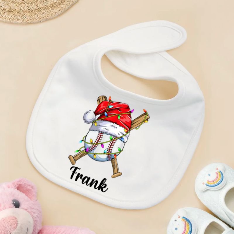 Personalized Christmas Hat Sports Ball Baby Bib Baby Bib with Name Feeding Accessory Baby Shower Welcome Christmas Gift for Baby Kid