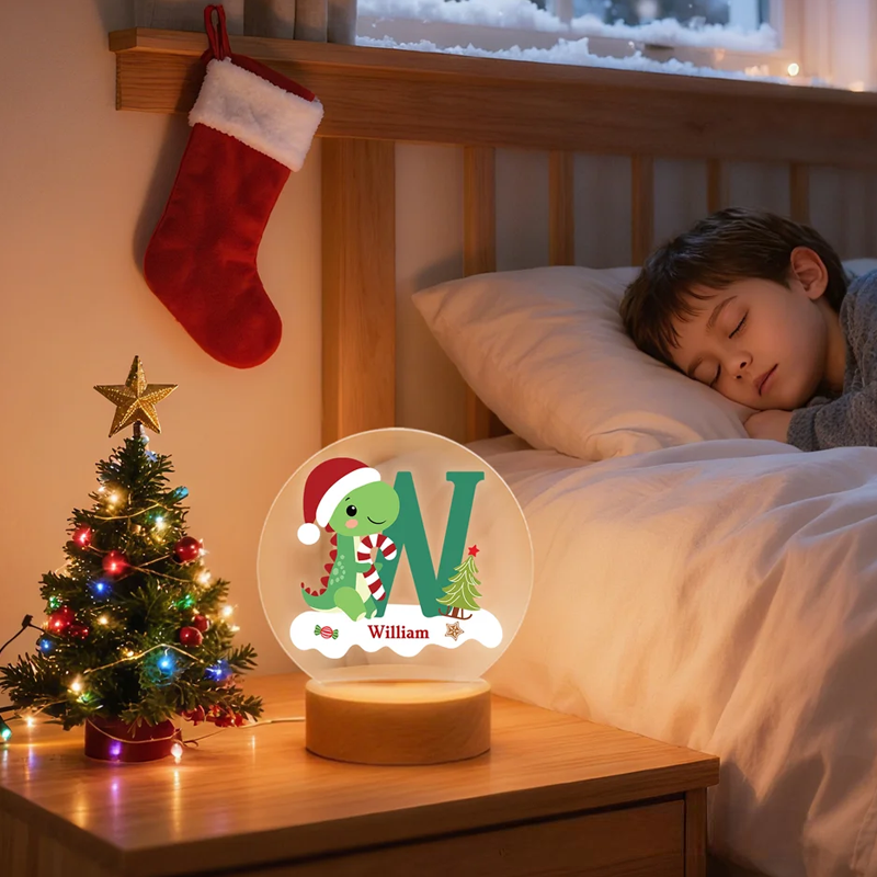 Personalized Santa Hat Dinosaur Initial LED Night Light with Name and Wooden Base Home Decor Christmas Gift for Kids