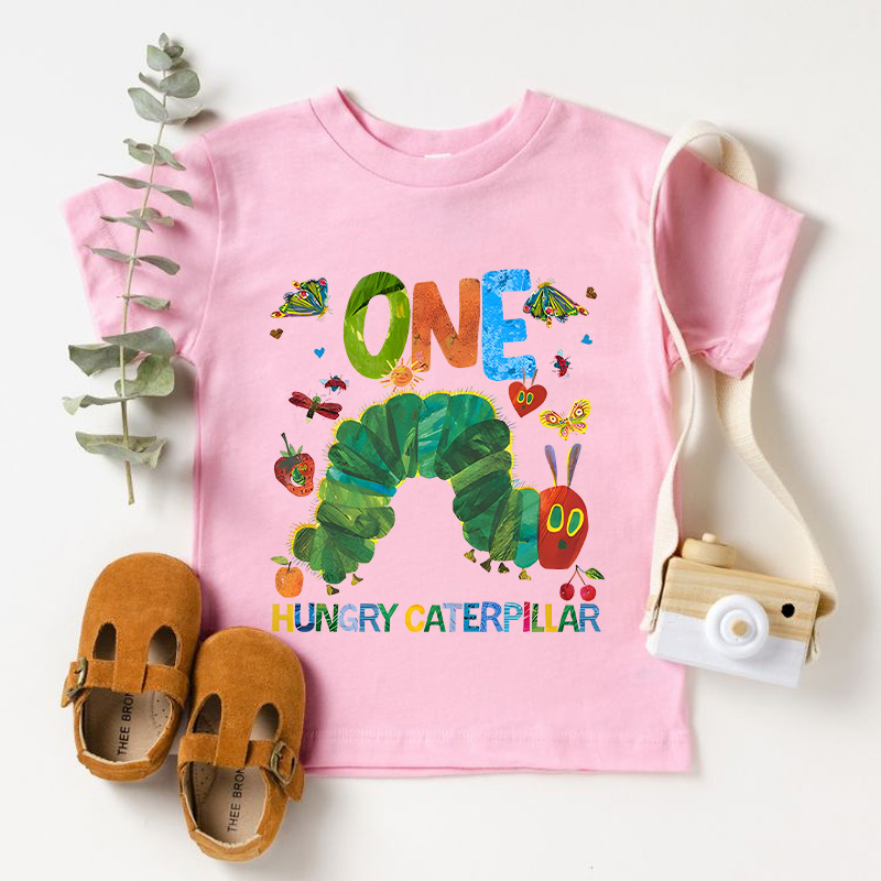 Personalized Colorful Name Age Print Cute Baby Outfit Fun Celebration Party Outfit Soft Cotton Toddler Tee Personalized Hungry Caterpillar First Birthday Shirt