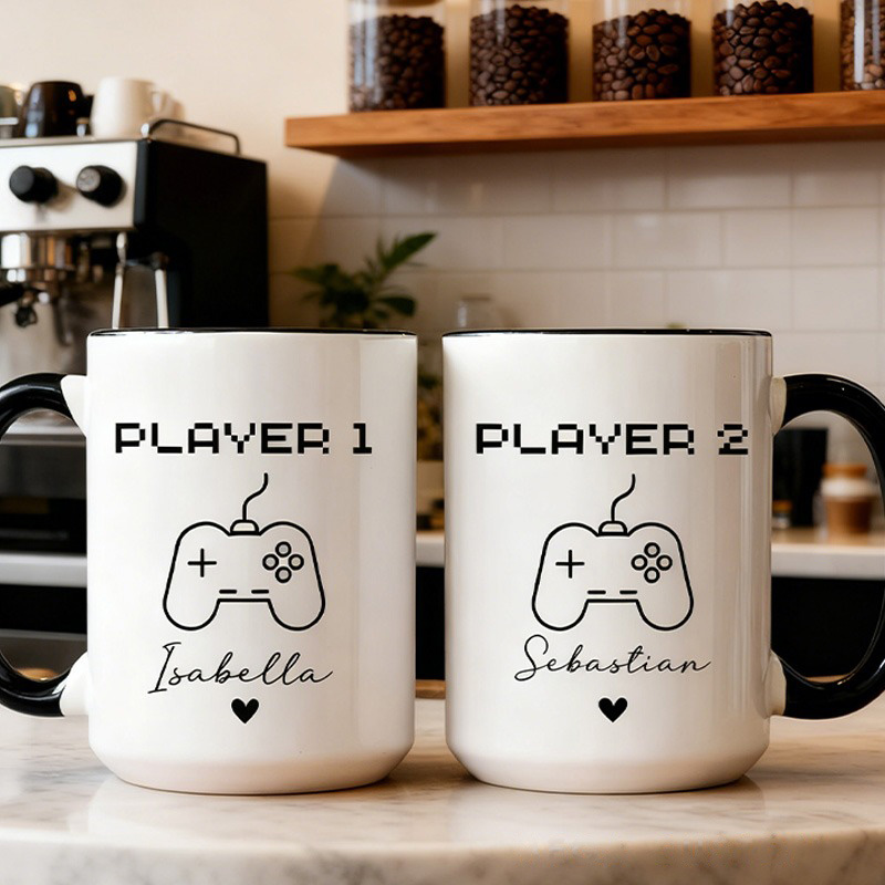 Personalized Gamer Couple Mugs Player 1 Player 2 Mugs Matching Gaming Mugs Retro Game Mugs Custom Gamer Coffee Mugs Gift for Couple Gamer Geek Gift