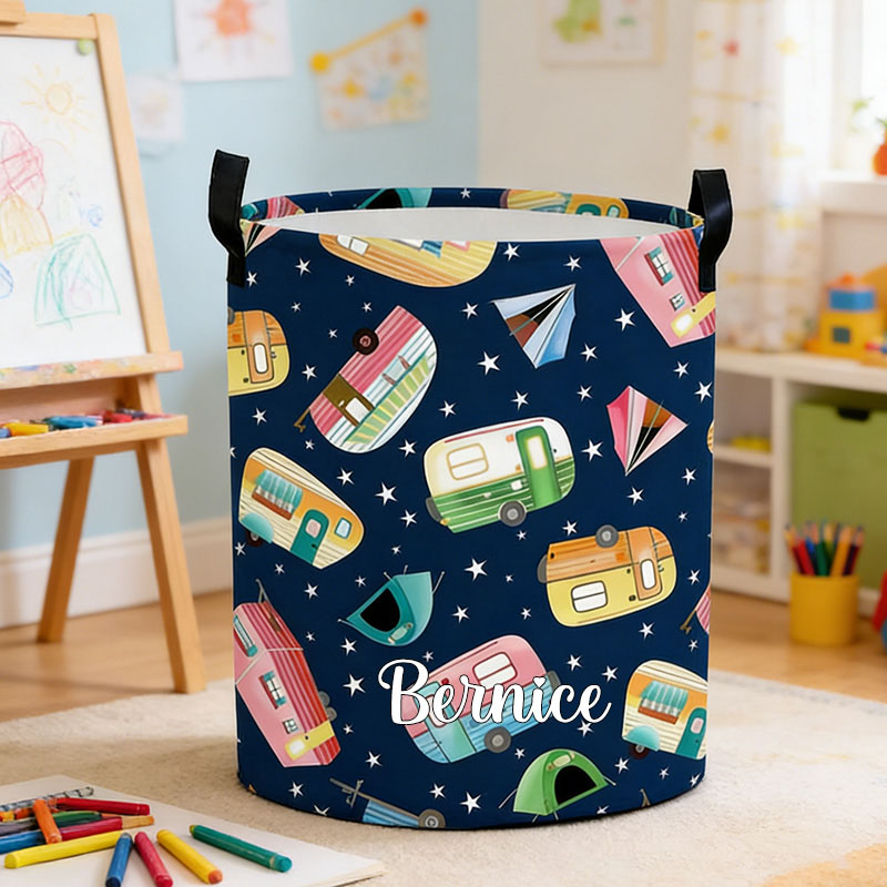 Personalized Camper Themed Laundry Storage Basket Retro Camper Basket Basket with Name Gifts for Kid Outdoor Camping Lover