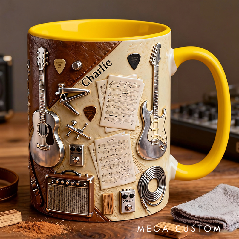 Personalized Name Stereoscopic Guitar Accent Mug Custom Guitar Themed Mug for Music Lovers