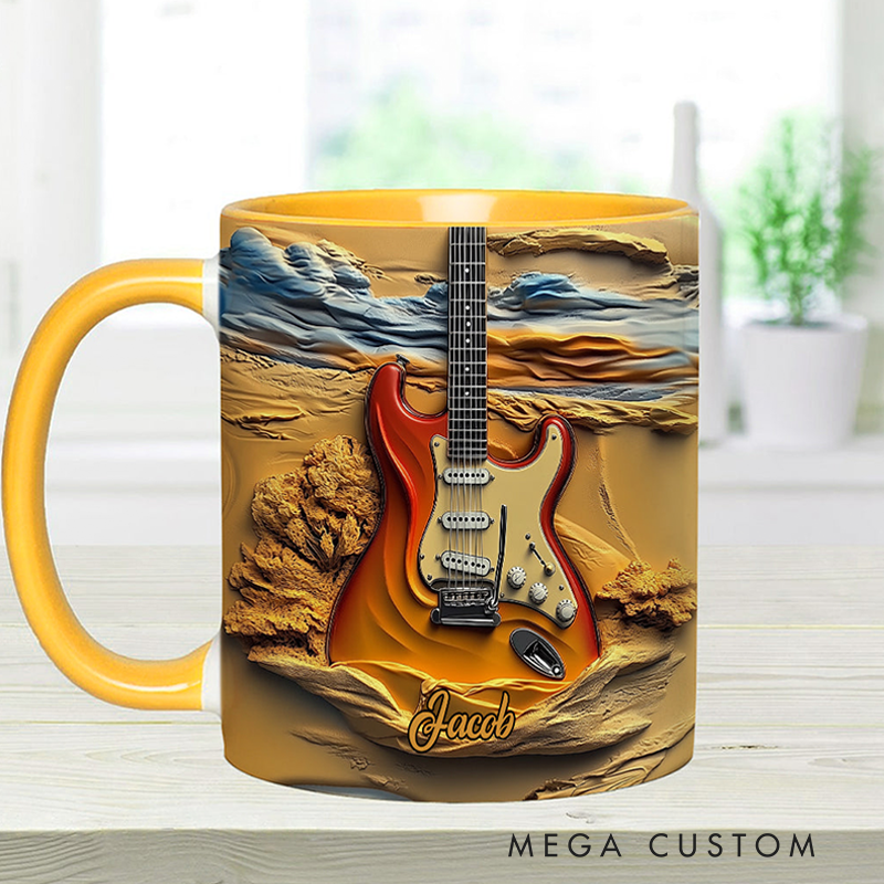 Personalized Name Stereoscopic Vintage Guitar Accent Mug Custom Guitar Themed Mug for Music Lovers