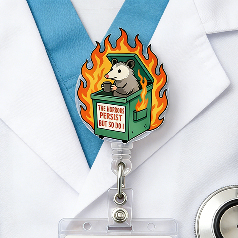 Personalized Possum Badge Reel Funny Dumpster Fire Nurse ID Holder Retractable Clip for Office and Hospital Staff