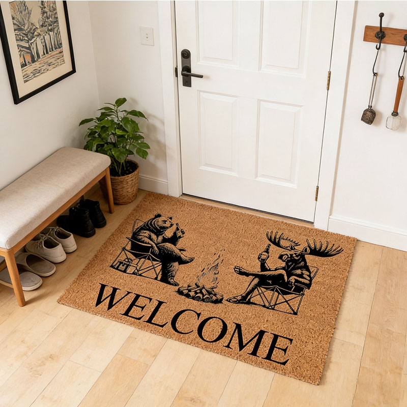Personalized Welcome Bear & Moose Camp Fire Camping Cabin Funny Coir Doormat Door Mat Newlywed Wedding Gift New Home