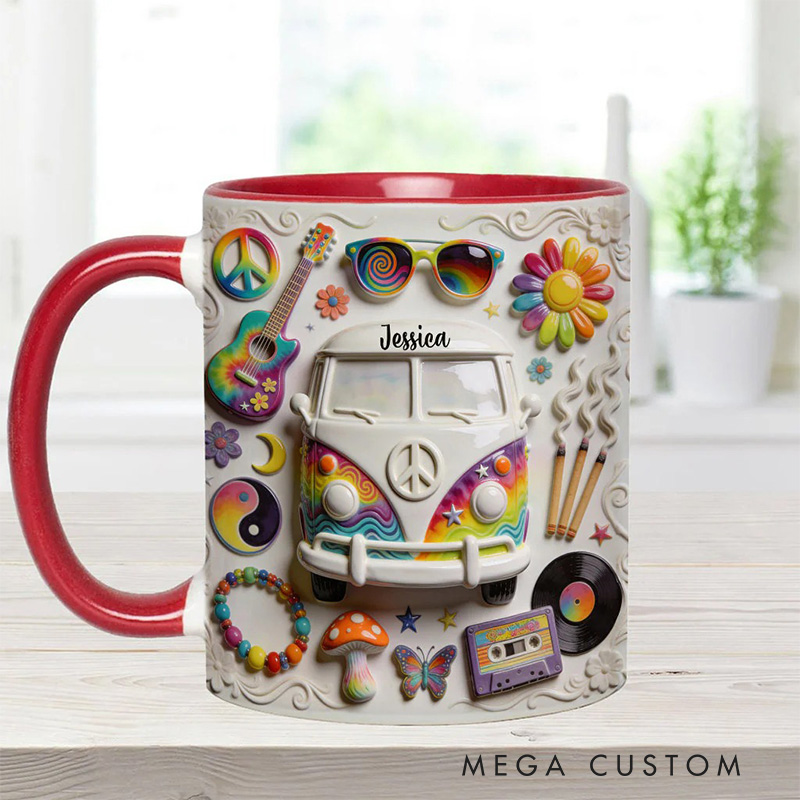 Personalized 2D Flat Hippie Love Hope Peace Mug Custom Name Colorful Hippie Car Hippie Coffee Mug Bohemian Coffee Mug