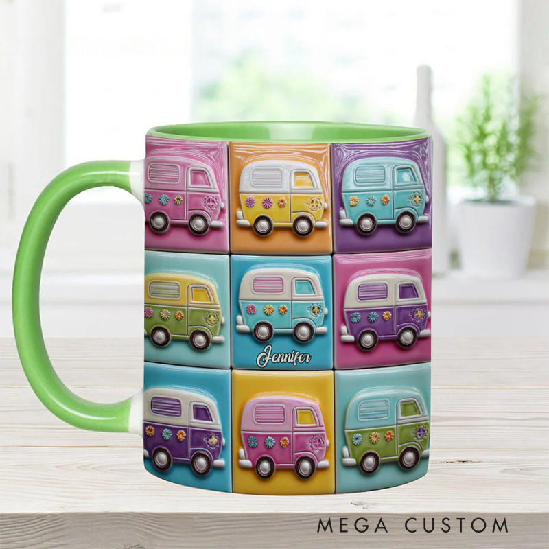 Personalized 2D Flat Hippie Caravans Mug Custom Name Colorful Hippie Car Hippie Coffee Mug Bohemian Coffee Mug