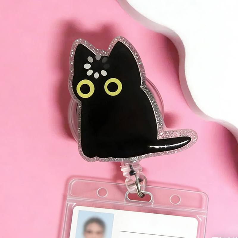 Personalized Black Cat Loading Badge Reel Funny Void Cat Meme Retractable ID Holder for Medical and Office Staff