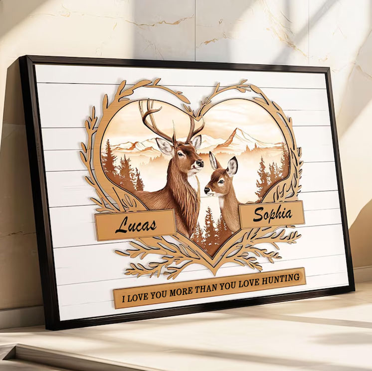 Personalized Deer Hunting Couple Wall Art Prints Custom Names Wall Hunting Lover Anniversary Gift