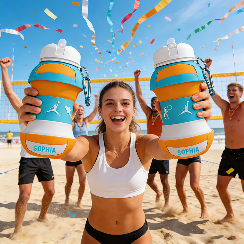 Personalized Volleyball Foldable Silicone Water Bottle with Custom Name for Volleyball Enthusiasts