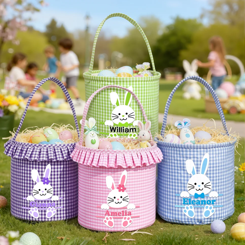 Personalized Cute Bunny Plaid Easter Basket with Name Easter Eggs Hunting Easter Day Gift for Boys Girls