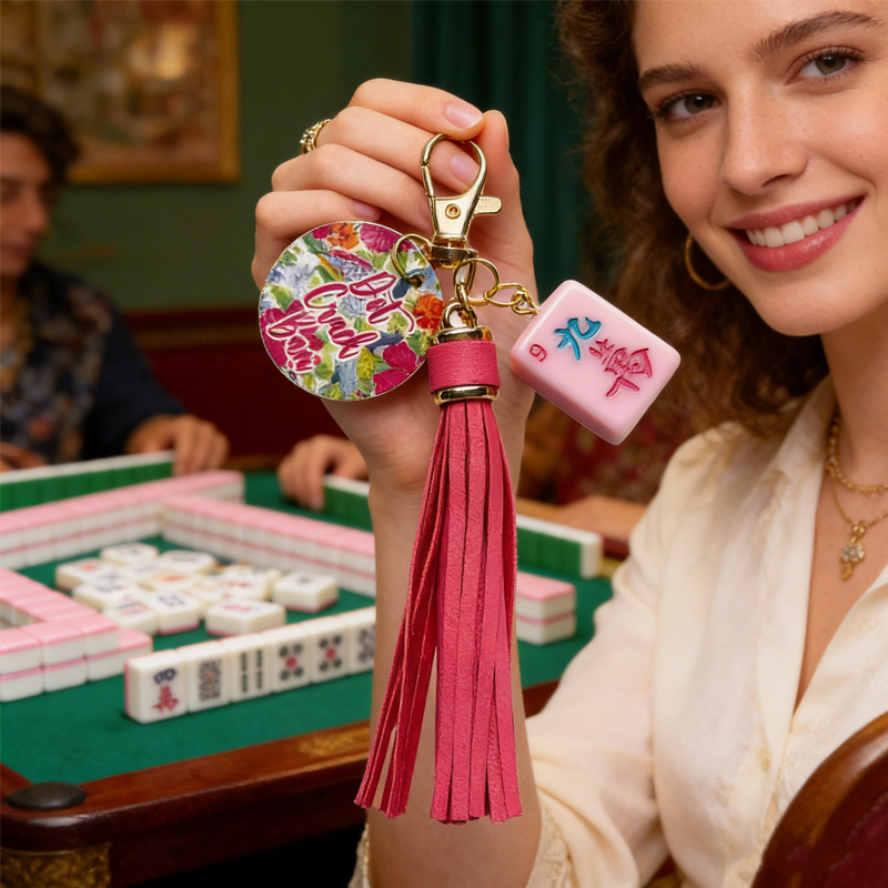 Mahjong Tile Keychain with Tassel Dot Crack Bam Purse Charm Bag Tag Mahjong Gift Prize Handcrafted Mahjong Accessory Gold Hardware
