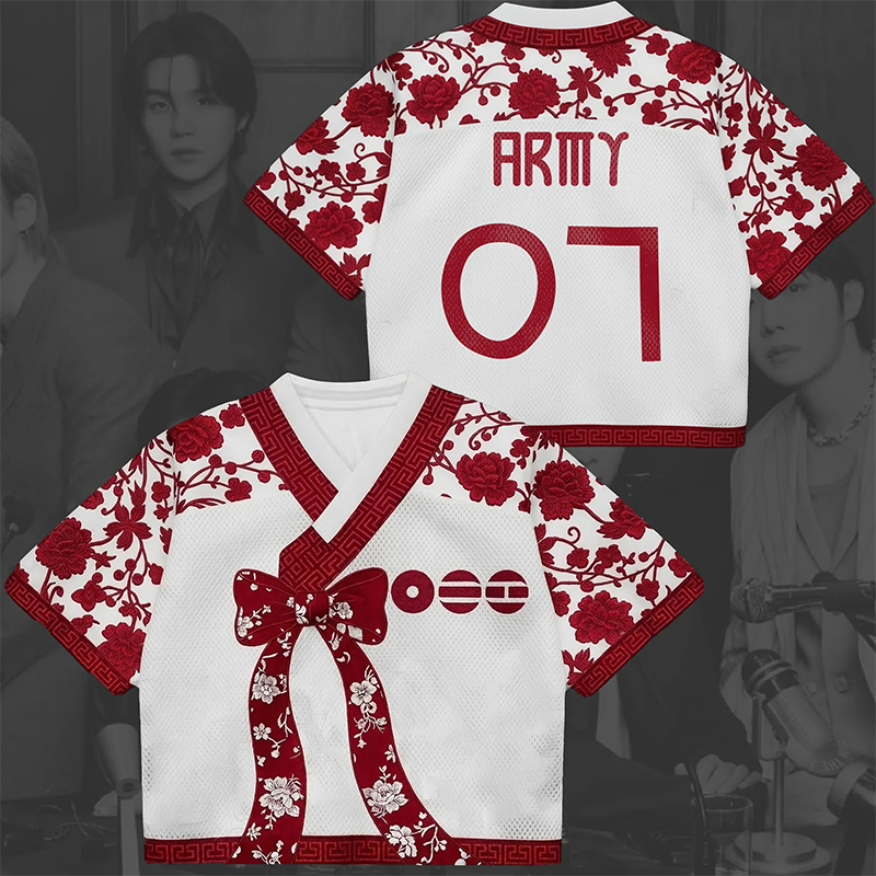 Personalized K-Pop Fan Jersey Red Floral Hanbok Style Mesh Crop Jersey Concert Jersey for Fans