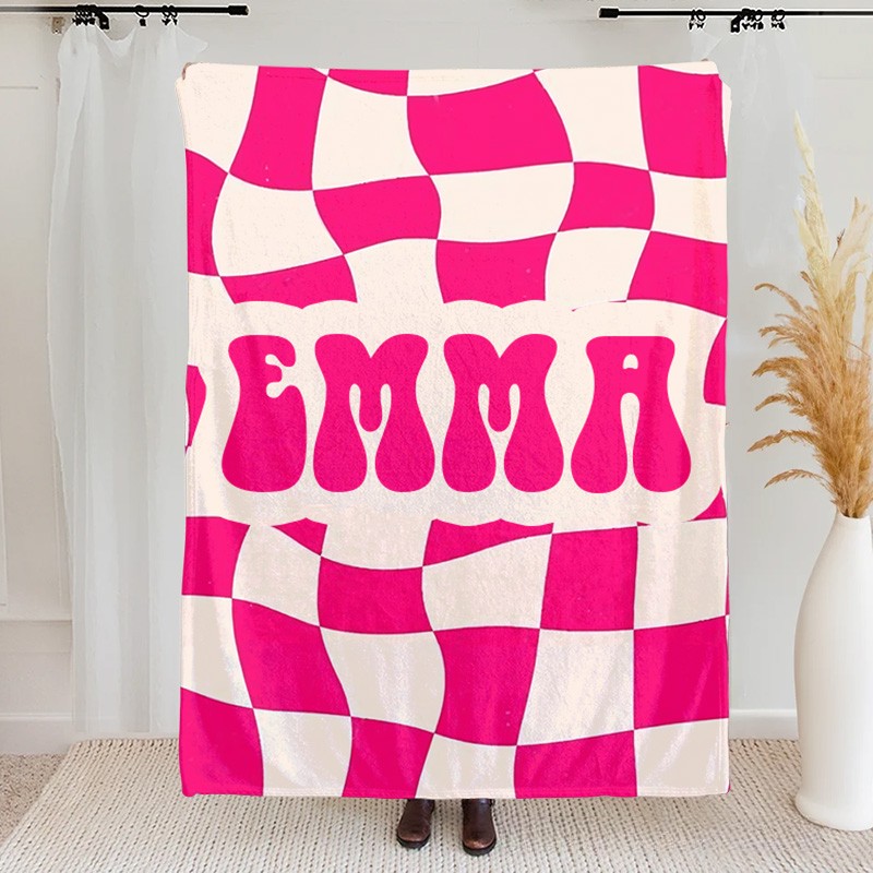 Personalized Checker Pattern in Vintage Rustic Style Kids Blanket with Name Birthday Anniversary Gift