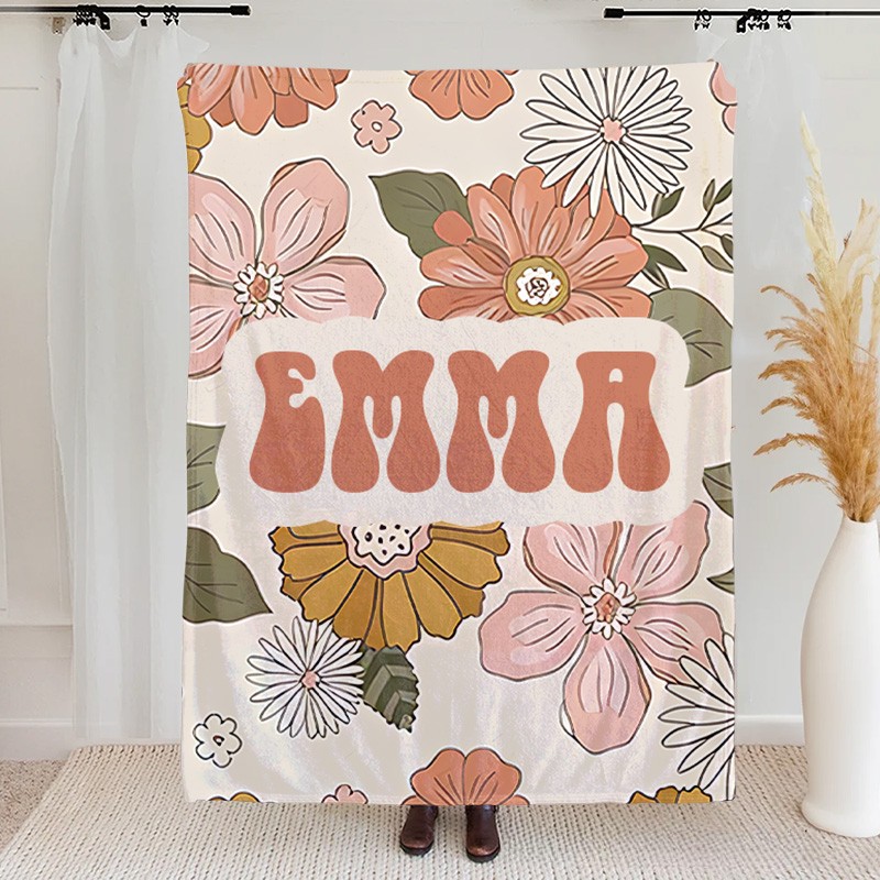 Personalized Kids Flower Retro Blanket with Name Gift Daughter Teen Girl