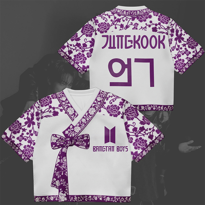 Personalized Bangtan Boys Hanbok Crop Jersey BTS K-Pop Flowery Purple Arirang World Tour Hanbok Style Mixed Mesh Jersey Gift For Army