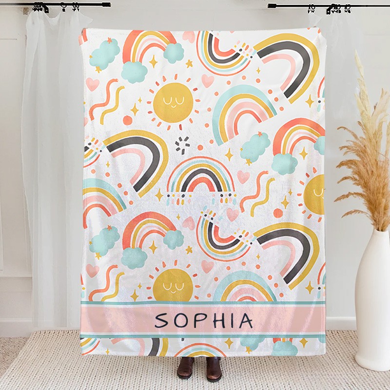 Personalized Kids Whimsical Colorful Rainbow Heart Name Blanket Birthday Children's Day Gift