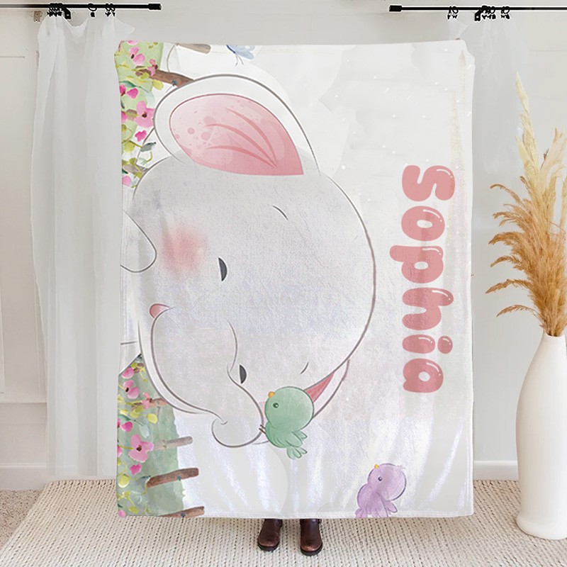 Personalized Kids Blanket Elephant with Birds Blush Floral Birthday Children's Day Gift