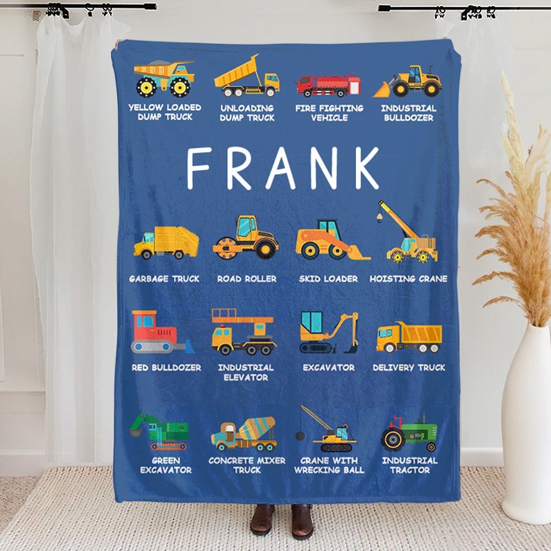 Personalized Work Vehicles Construction Trucks Kids Blanket with Name for Boys Girls Truck Lover Couch Sofa Bed Decor Birthday Children's Day Gift