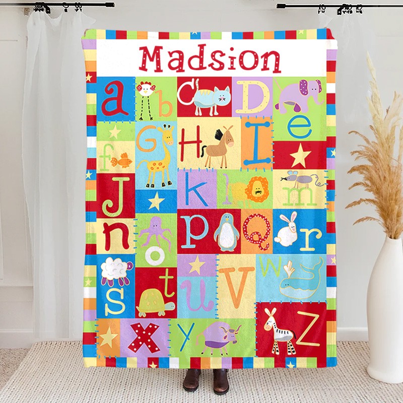 Personalized Cartoon Animal Alphabet Color Block Stitching Soft Throw Blanket with Name Home Decor Birthday Gift for Kids