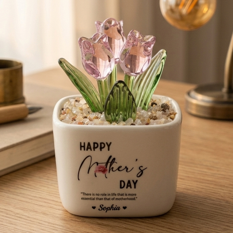 Personalized Mother's Day Glass Tulip Planter Custom Name Pink Tulip Glass Plant Pot for Mom Grandma