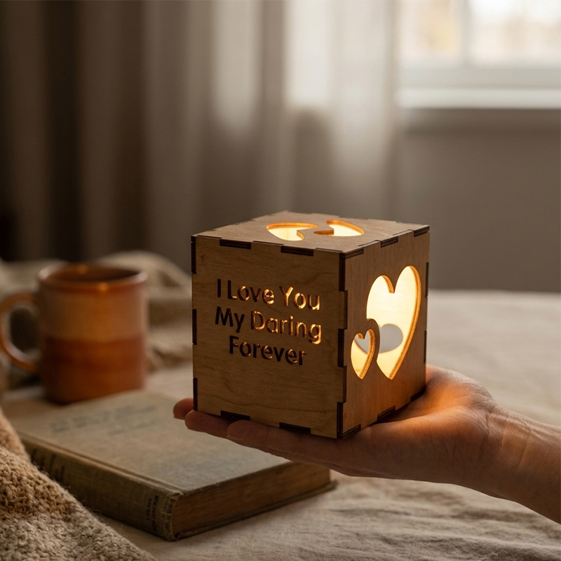 Personalized Mothers Day Gift Heart Cutout Wooden Night Light Custom Text Projection Lamp for Mom