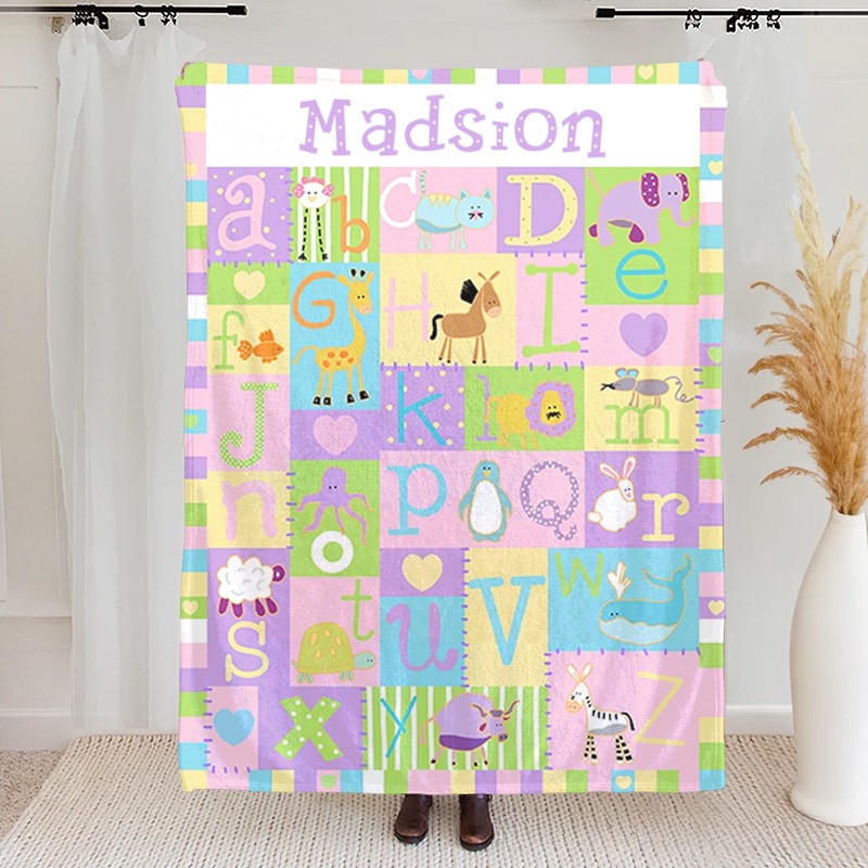 Personalized Cartoon Animal Alphabet Color Block Stitching Soft Throw Blanket with Name Home Decor Birthday 