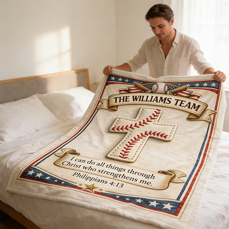 Personalized Baseball Blanket with Family Name and Inspirational Verse for Sports Enthusiasts and Believers Alike