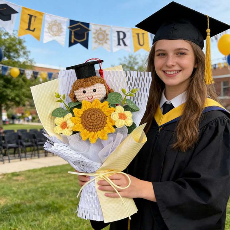 Crochet Graduation Bouquet with Graduation Doll Class of 2026 Keepsake Knitted Grad Flowers Gift for Her