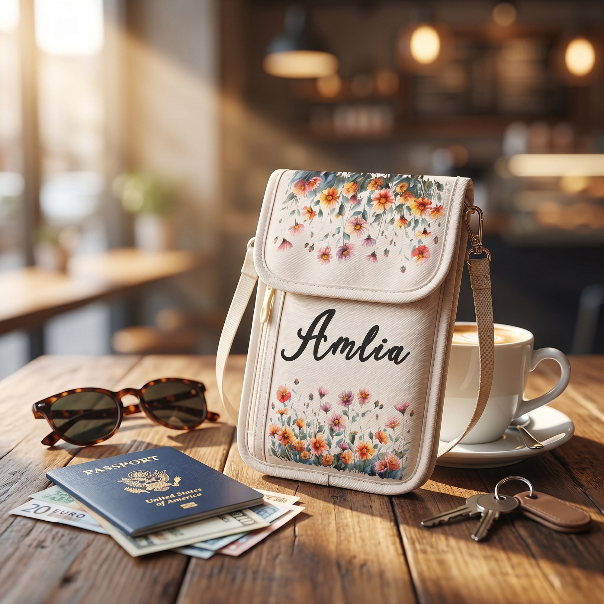 Personalized Waterproof Passport Crossbody Bag Custom Name and Birth Flower Travel Organizer with Modular Storage Adjustable Strap  Wallet Gift for Traveler