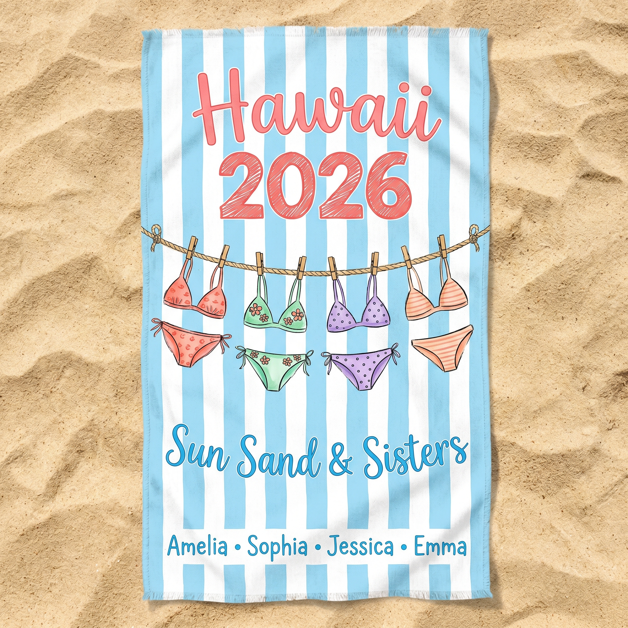 Personalized “Sun, Sand & Sisters” Beach Towel – Custom Hawaii Trip Year and Names