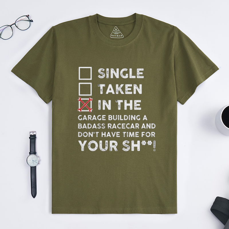 Funny Relationship Status Garage Race Car Builder Crew Neck Tee for Grease Monkey Mechanic Car Modding Enthusiasts