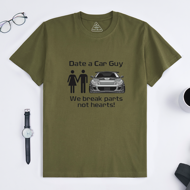 Funny Date A Car Guy We Break Parts Not Hearts Quote Crew Neck Tee for JDM Sports Car Lovers & Gearhead Enthusiasts