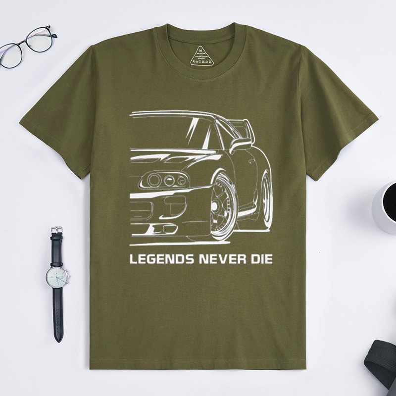 Legends Never Die Classic JDM Sports Car Crew Neck Short Sleeve T-Shirt for Retro Import Car Fans & Automotive Gearheads